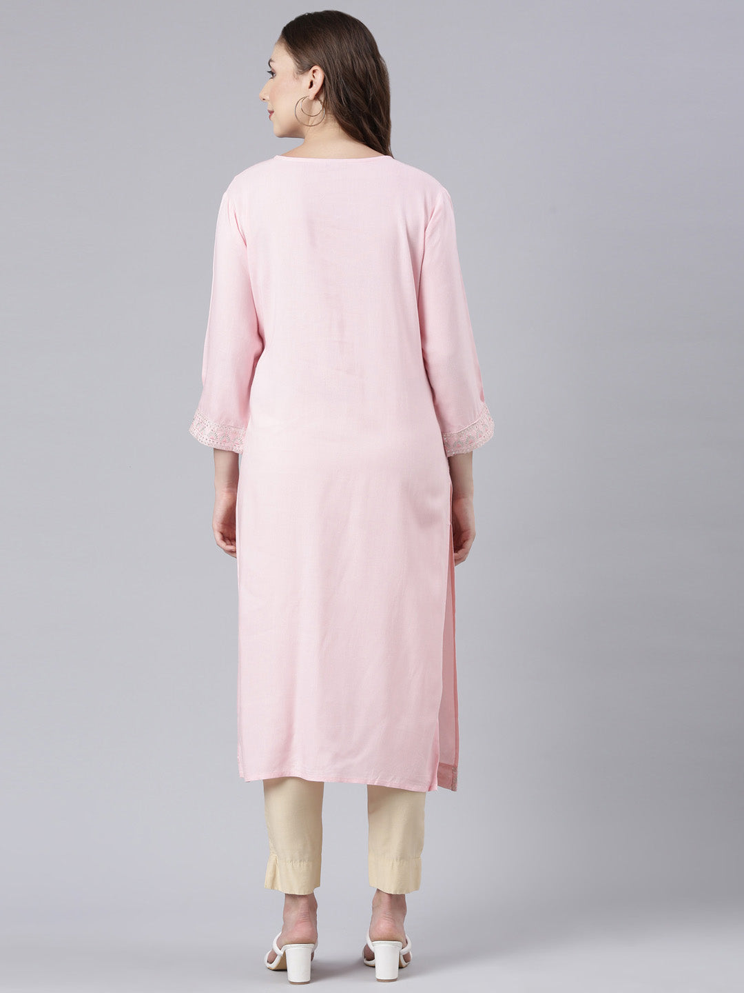 Neerus Pink Panelled Straight Floral Kurtas