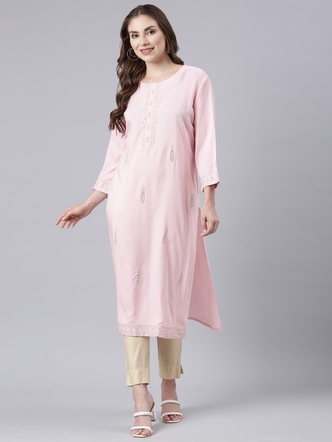 Neerus Pink Panelled Straight Floral Kurtas