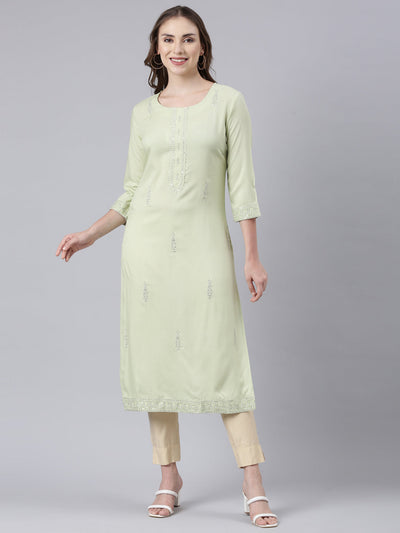 Neerus Green Panelled Straight Floral Kurtas