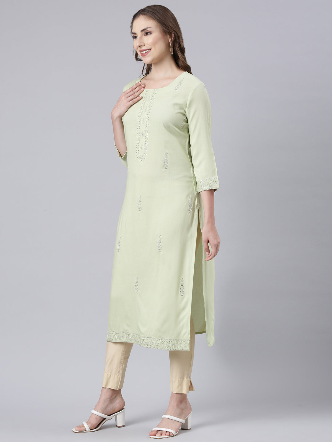 Neerus Green Panelled Straight Floral Kurtas