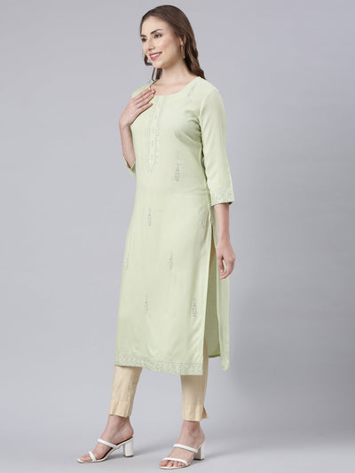 Neerus Green Panelled Straight Floral Kurtas