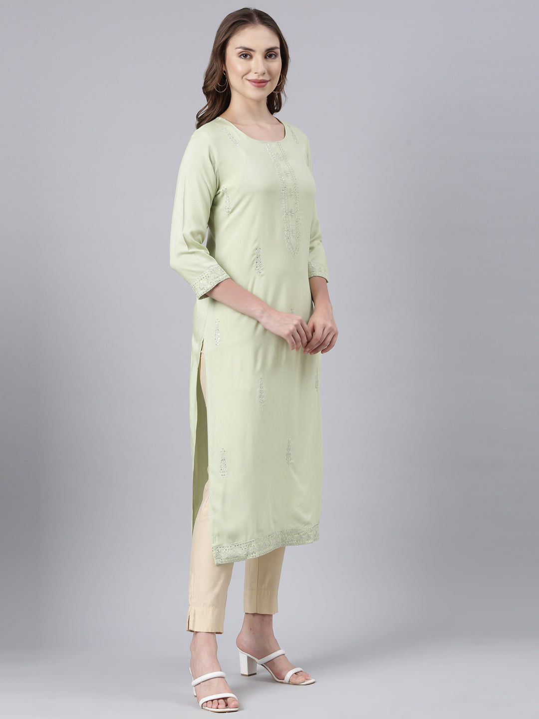 Neerus Green Panelled Straight Floral Kurtas