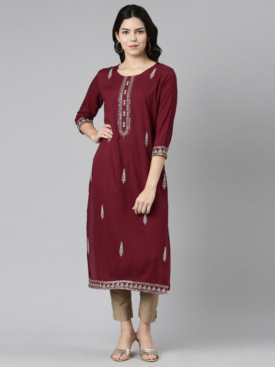 Neeru's Purple Regular Straight Embroidered Kurtas