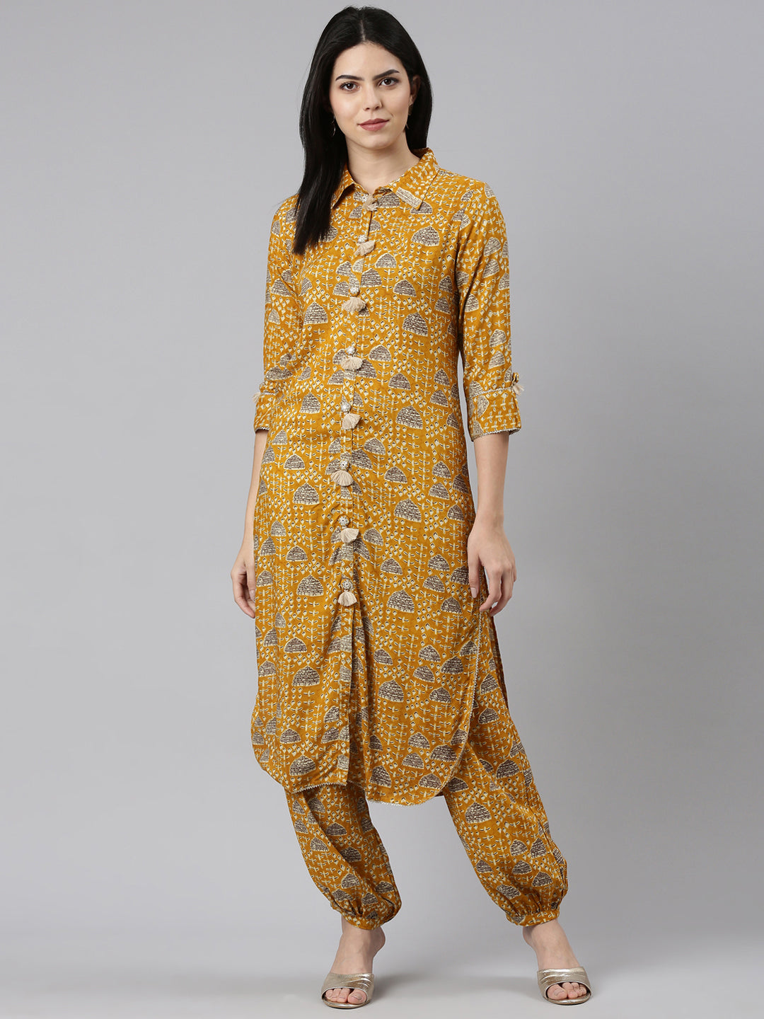 Neeru's Mustard Regular Straight Printed Kurta And Salwar