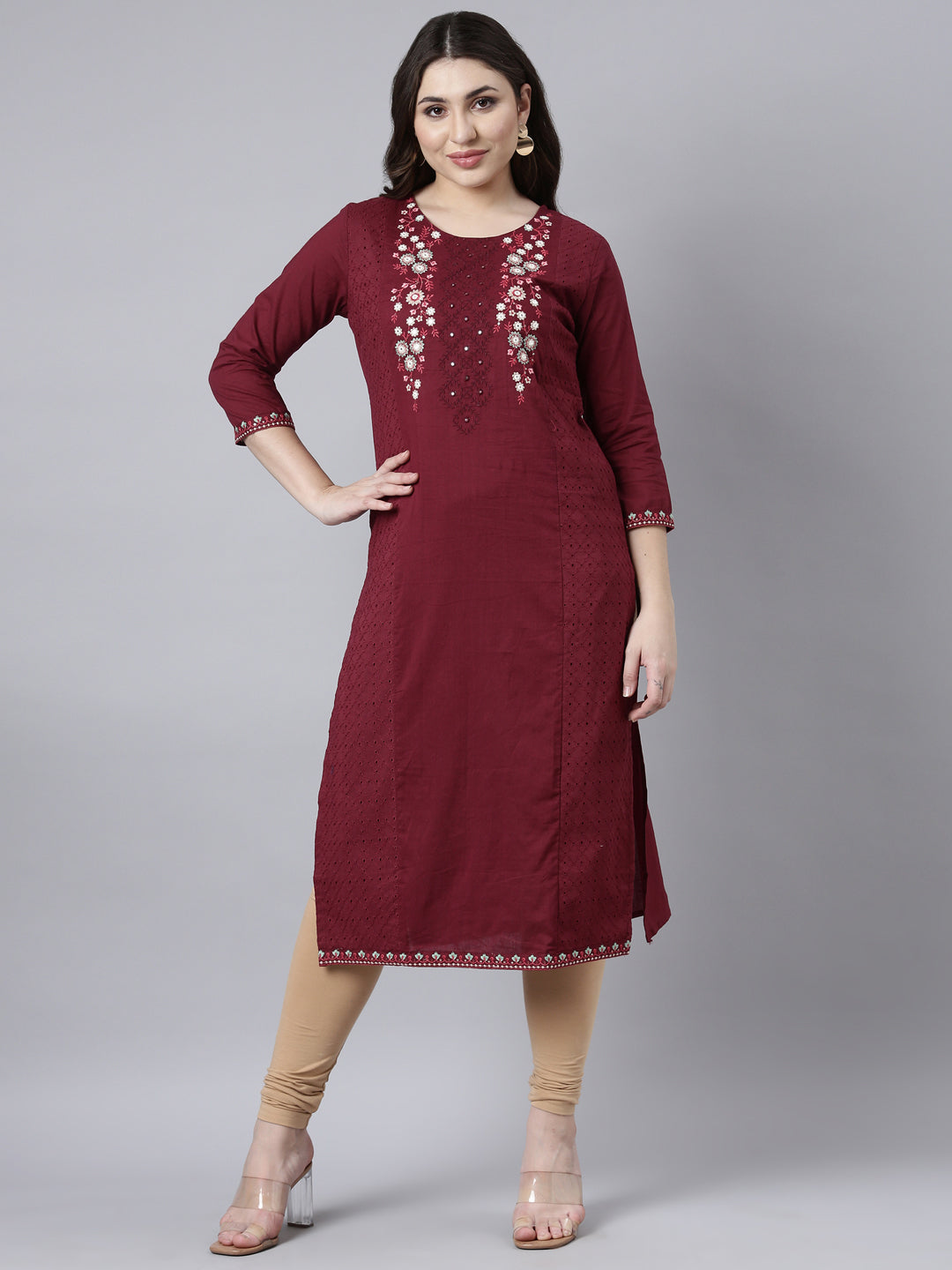 Neerus Maroon Regular Straight Solid Kurtas