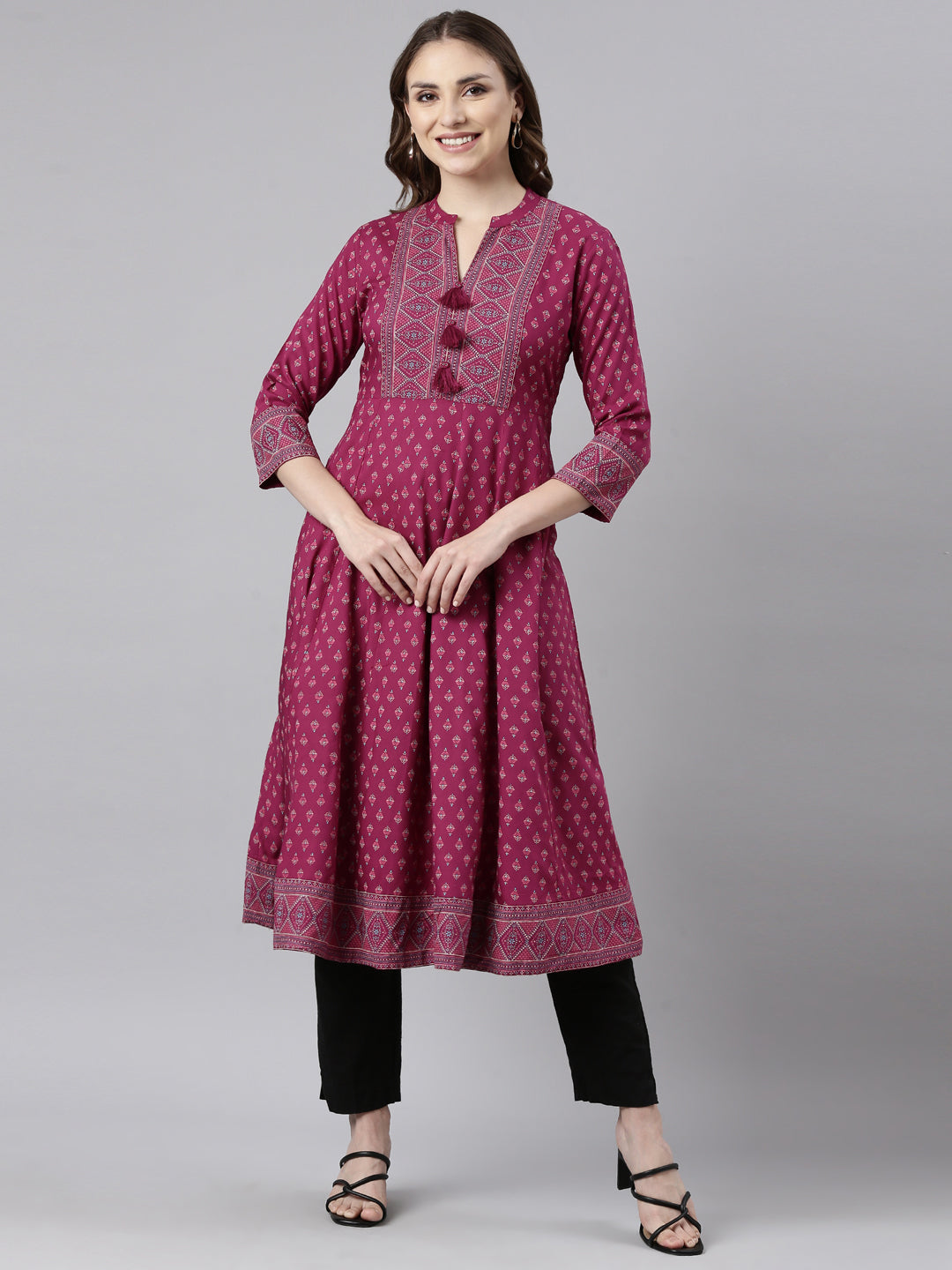 Neerus Pink Regular Straight Floral Kurtas