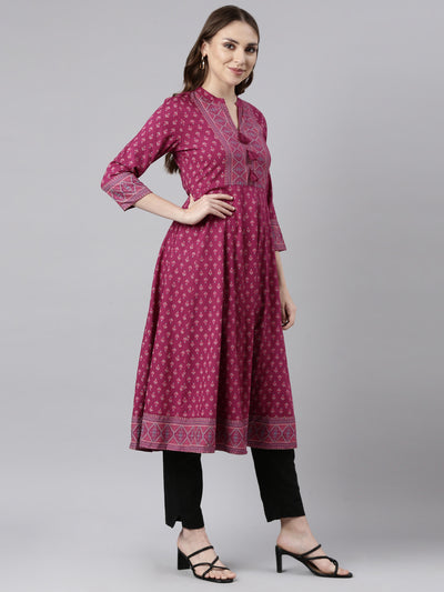 Neerus Pink Regular Straight Floral Kurtas