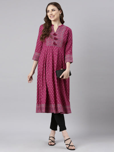 Neerus Pink Regular Straight Floral Kurtas