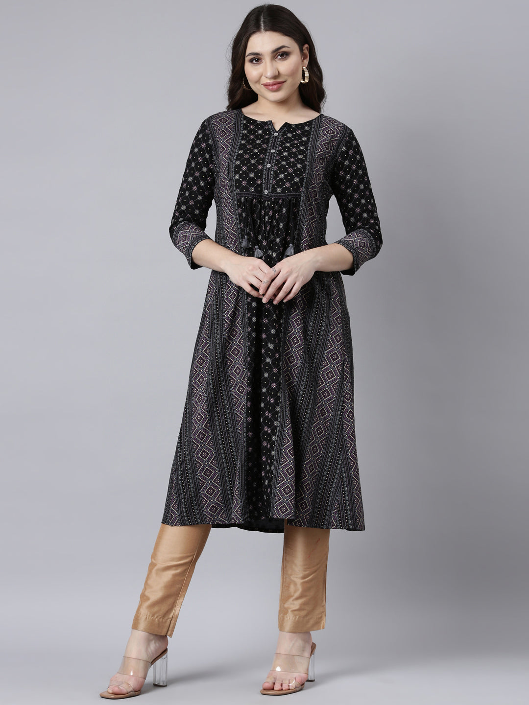 Neerus Black Regular Straight Woven Design Kurtas