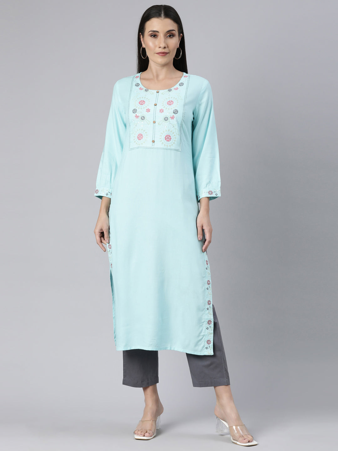 Neerus Blue Regular Straight Solid Kurtas