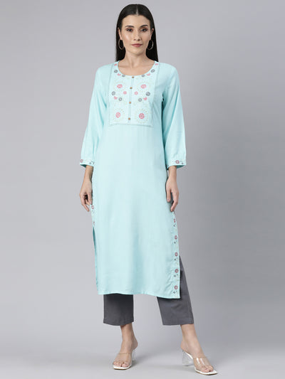 Neerus Blue Regular Straight Solid Kurtas