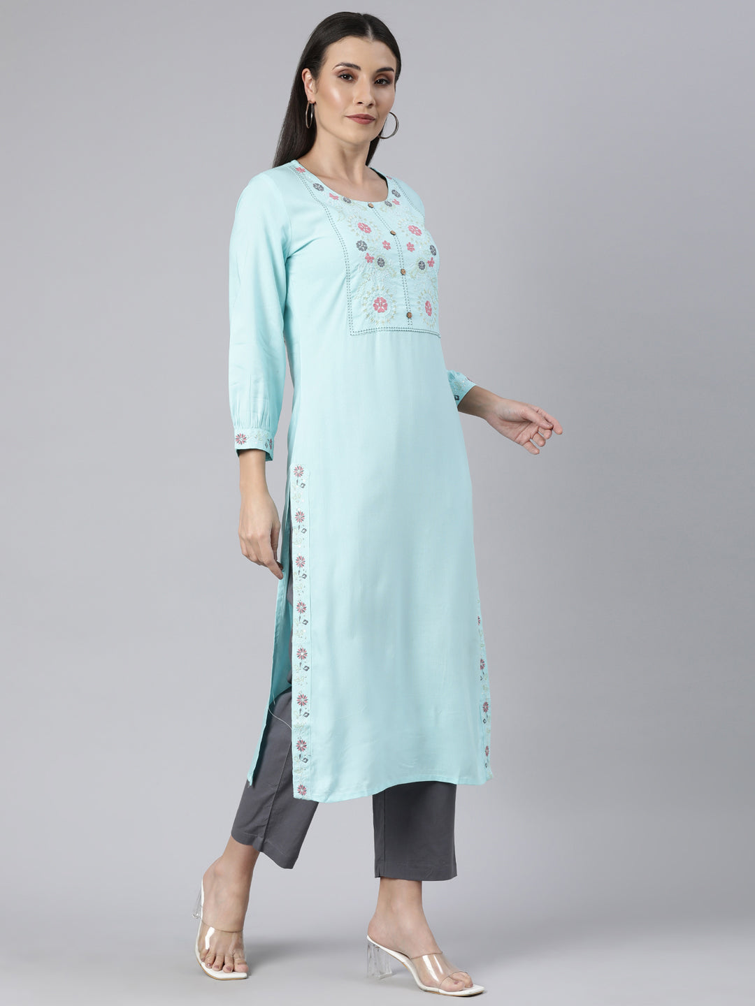 Neerus Blue Regular Straight Solid Kurtas