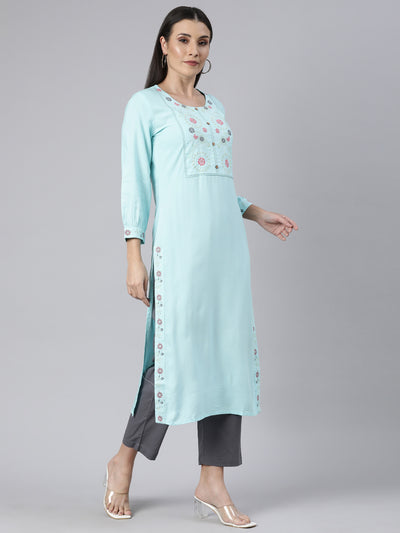 Neerus Blue Regular Straight Solid Kurtas