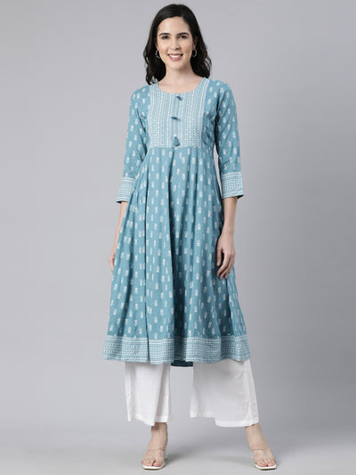 Neerus Blue Regular Anarkali Floral Kurtas