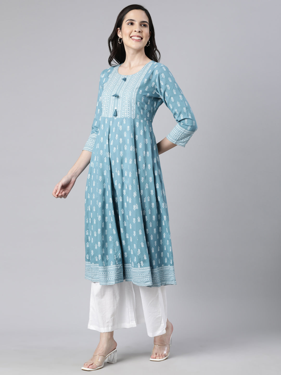 Neerus Blue Regular Anarkali Floral Kurtas