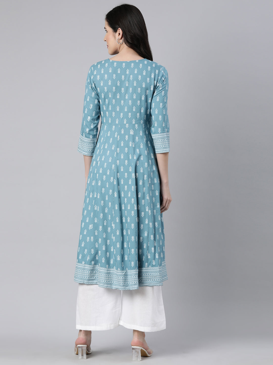 Neerus Blue Regular Anarkali Floral Kurtas