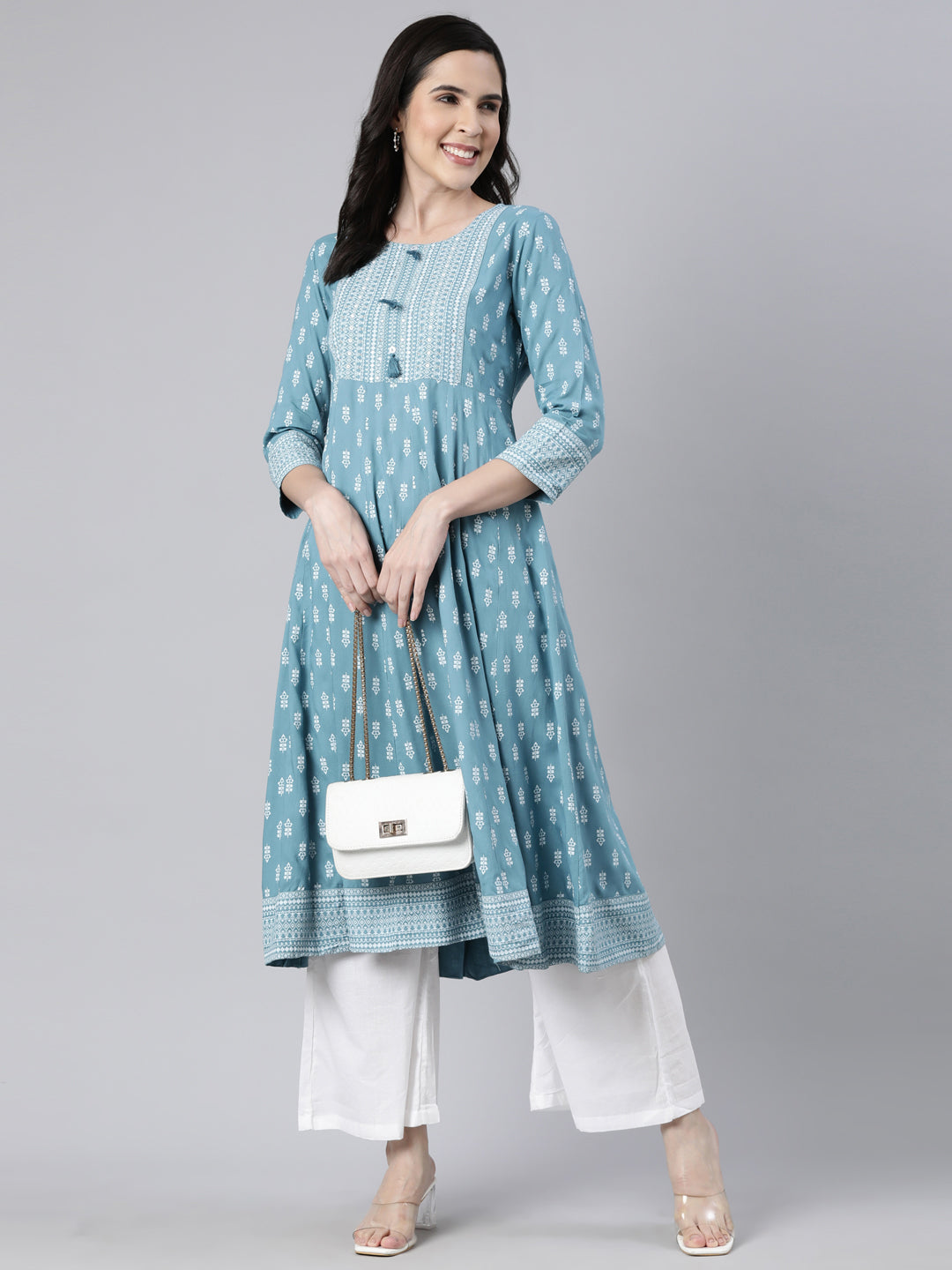 Neerus Blue Regular Anarkali Floral Kurtas