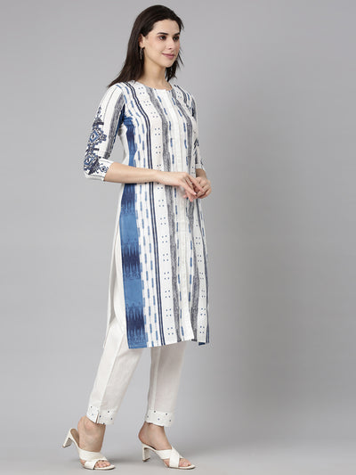 Neerus Blue Regular Straight Textured Kurta And  Trousers With Dupatta