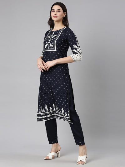 Neerus Navy Blue Regular Straight Floral Kurta And  Trousers With Dupatta