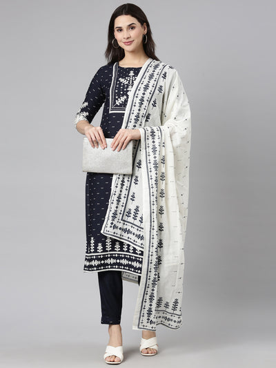 Neerus Navy Blue Regular Straight Floral Kurta And  Trousers With Dupatta