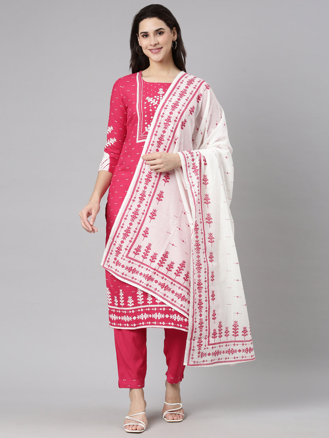 Neerus Pink Regular Straight Floral Kurta And  Trousers With Dupatta