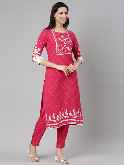 Neerus Pink Regular Straight Floral Kurta And  Trousers With Dupatta