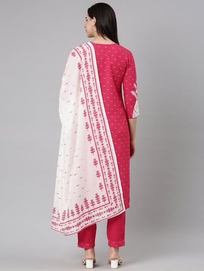 Neerus Pink Regular Straight Floral Kurta And  Trousers With Dupatta