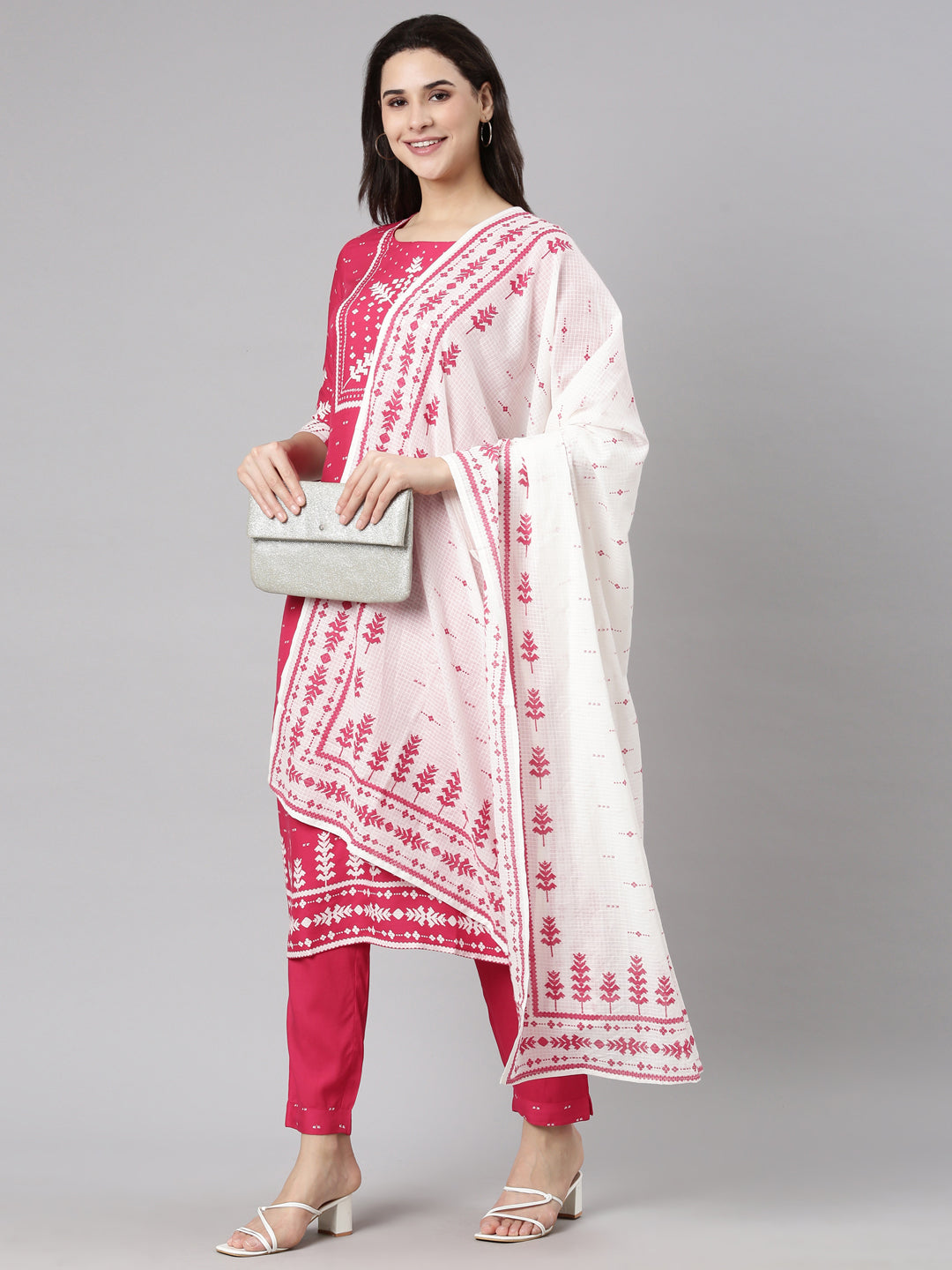 Neerus Pink Regular Straight Floral Kurta And  Trousers With Dupatta