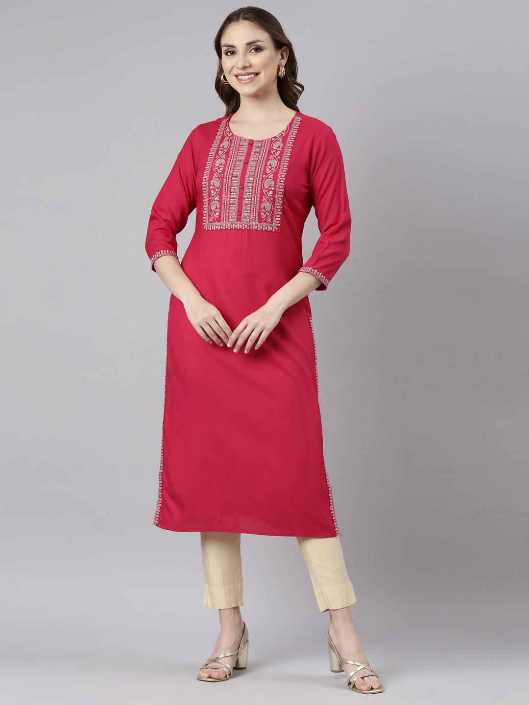 Neerus Pink Panelled Straight Solid Kurtas