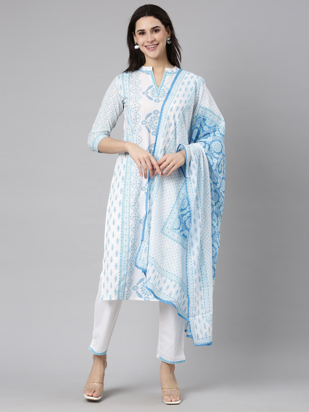 Neerus Blue Regular Straight Floral Kurta And  Trousers With Dupatta