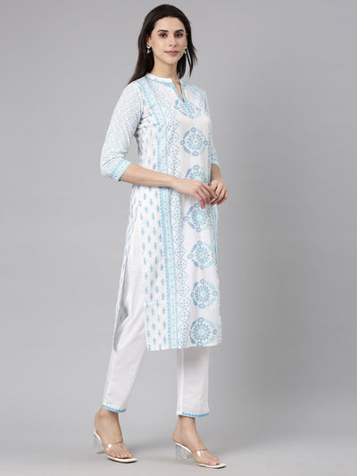 Neerus Blue Regular Straight Floral Kurta And  Trousers With Dupatta