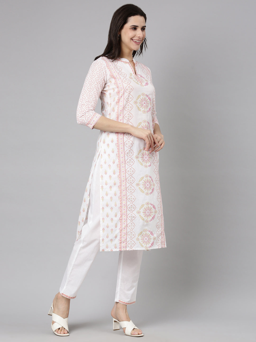 Neerus Pink Regular Straight Floral Kurta And  Trousers With Dupatta