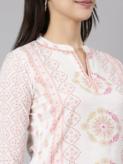 Neerus Pink Regular Straight Floral Kurta And  Trousers With Dupatta