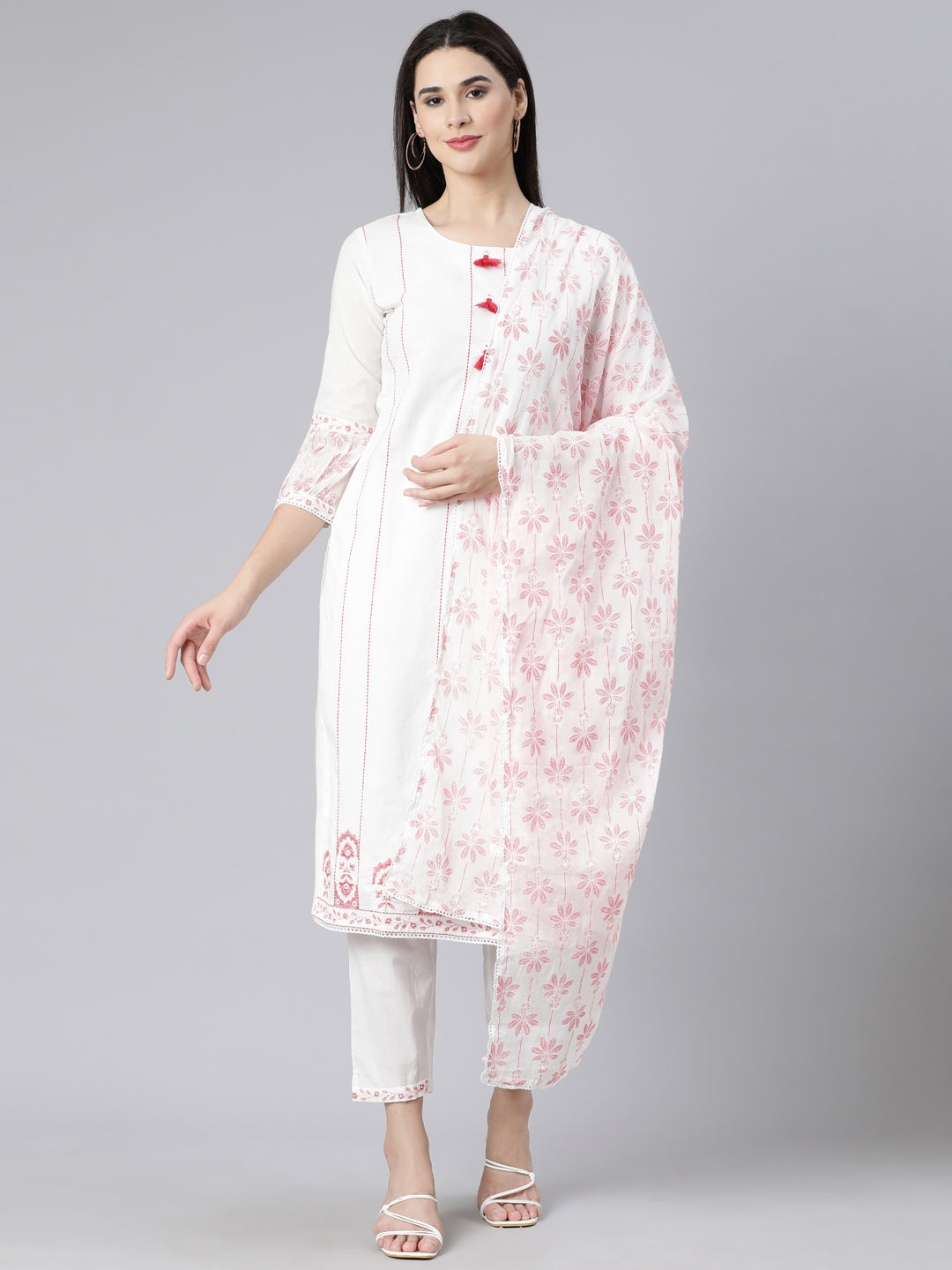 Neerus Red Panelled Straight Printed Kurta And Trousers With Dupatta