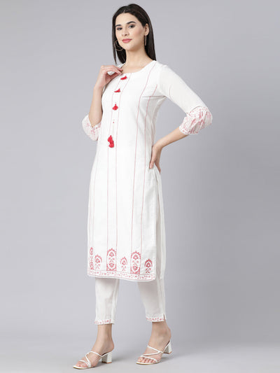 Neerus Red Panelled Straight Printed Kurta And Trousers With Dupatta