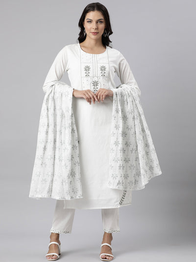 Neerus Olive Panelled Straight Printed Kurta And Trousers With Dupatta