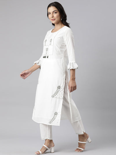 Neerus Olive Panelled Straight Printed Kurta And Trousers With Dupatta