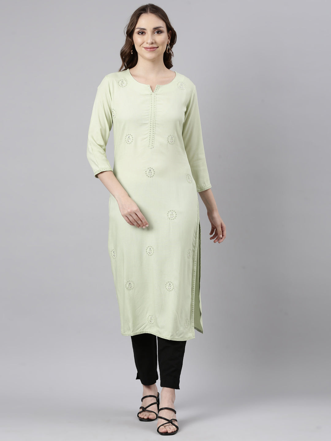 Neerus Green Regular Straight Floral Kurtas