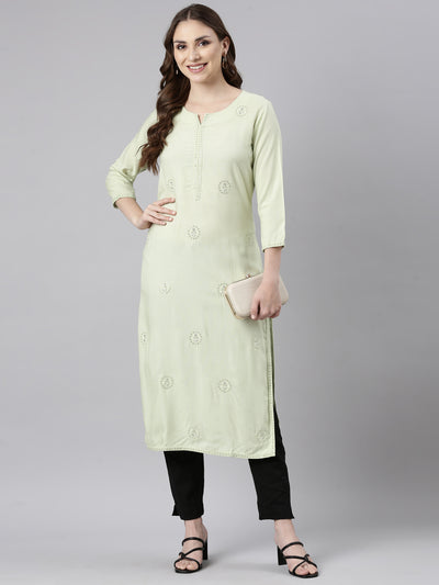 Neerus Green Regular Straight Floral Kurtas