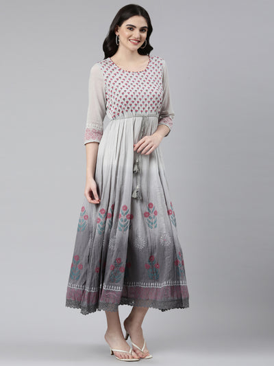 Neeru's Grey Straight Casual Printed Dress