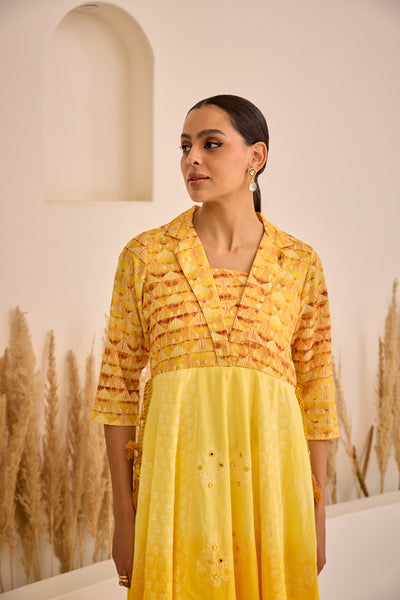 Neerus Lemon Curved Embroidered Dress
