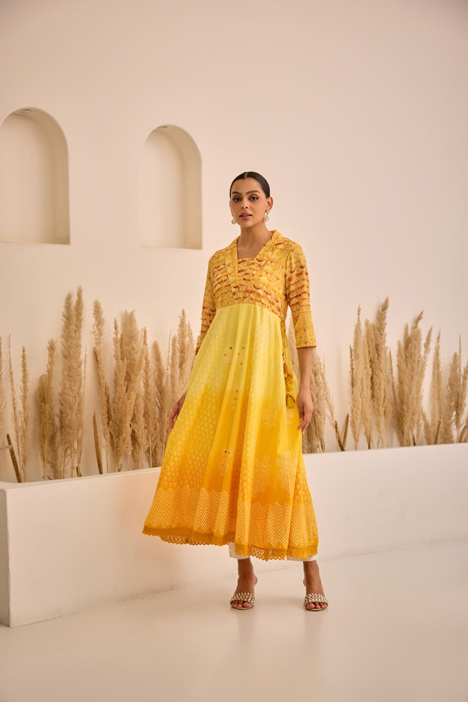 Neerus Lemon Curved Embroidered Dress. neerus india