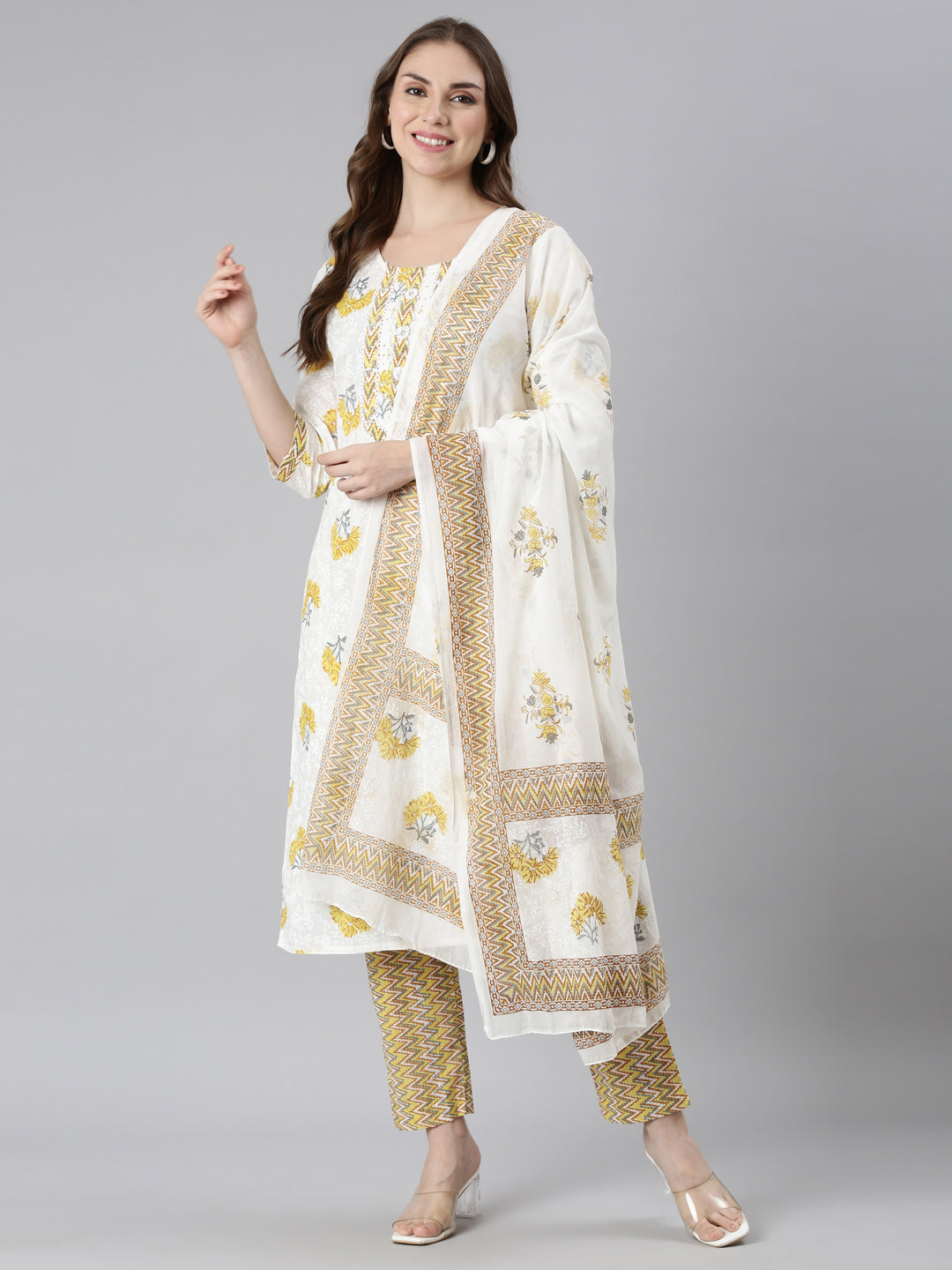 Neerus Yellow Regular Straight Embroidered Kurta and Trousers