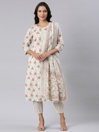 Neerus Pink Panelled Straight Printed Kurta And Trousers With Dupatta