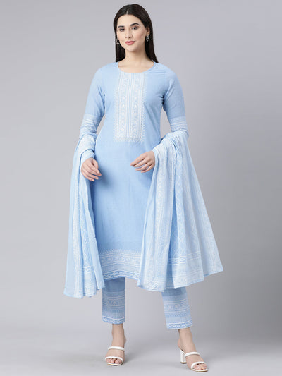 Neerus Blue Panelled Straight Printed Kurta And Trousers With Dupatta