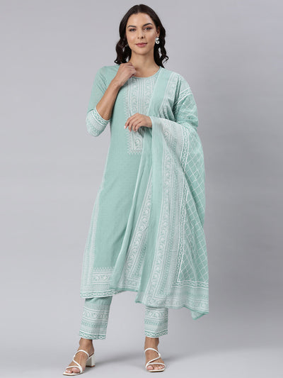 Neerus Green Panelled Straight Printed Kurta And Trousers With Dupatta