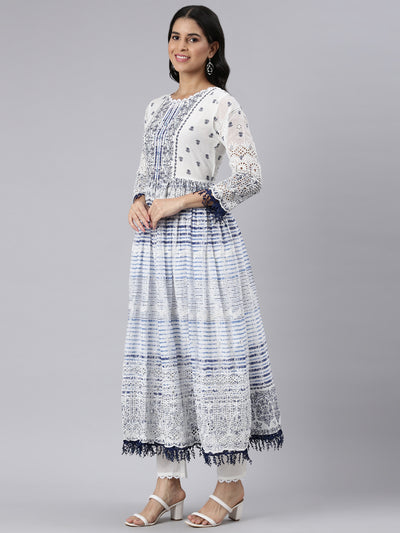 Neerus Blue Pleated Curved Printed Kurta and Trousers With Dupatta