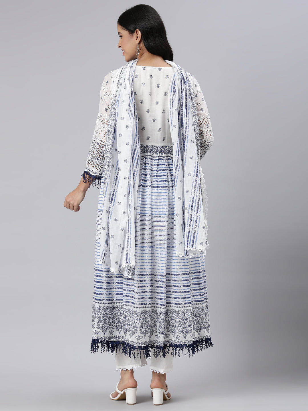 Neerus Blue Pleated Curved Printed Kurta and Trousers With Dupatta