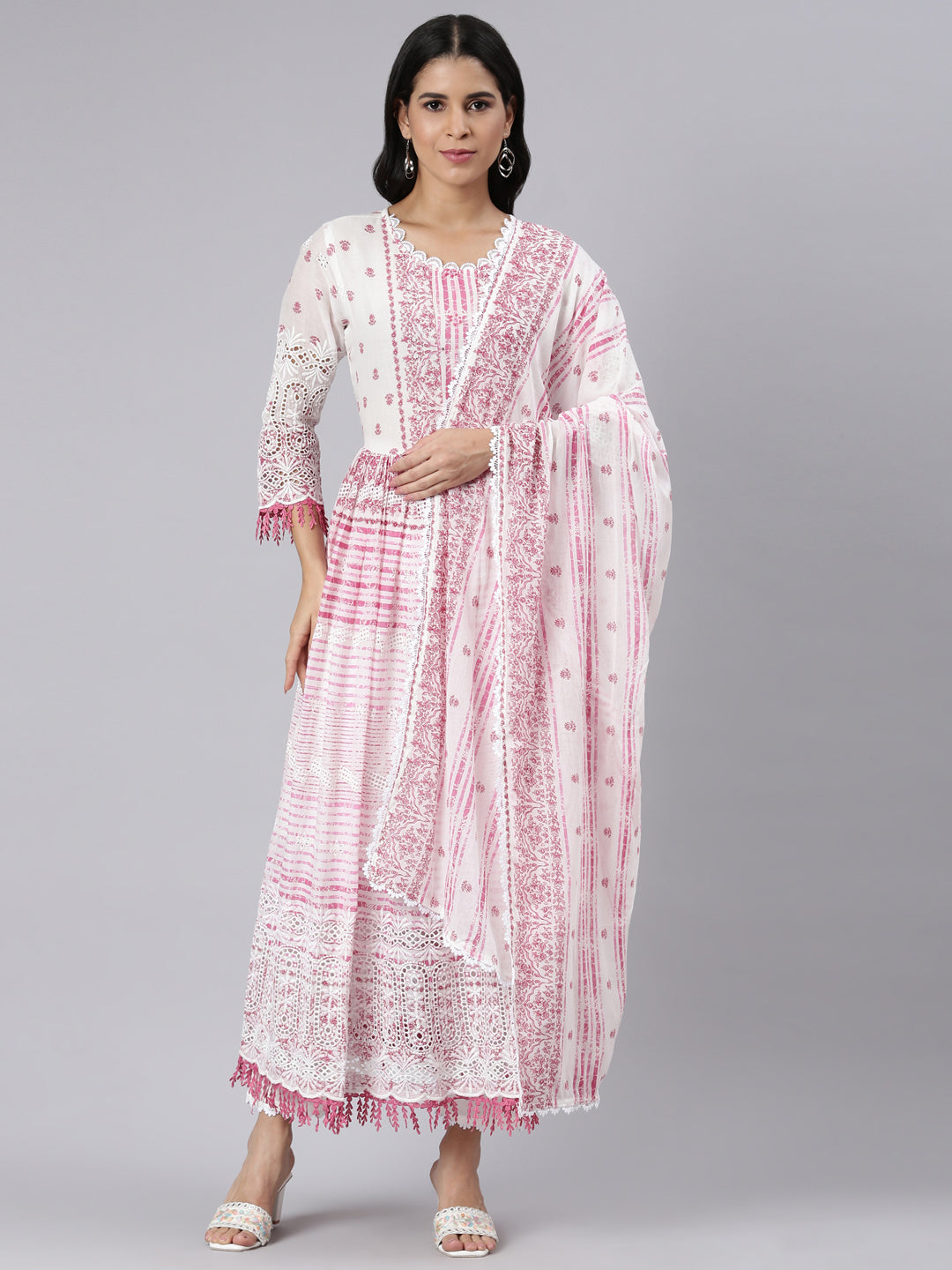 Neerus Pink Pleated Curved Printed Kurta and Trousers With Dupatta