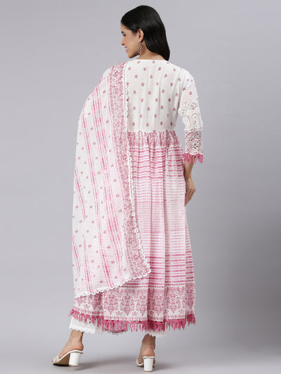 Neerus Pink Pleated Curved Printed Kurta and Trousers With Dupatta